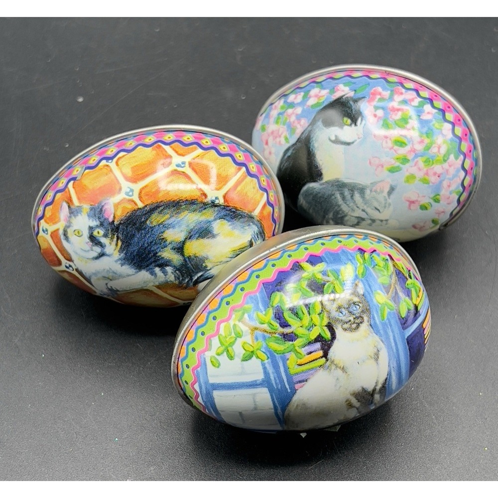 VTG Tin Metal Easter‎ Egg Container w/ Kitty Cat Design Calico Tuxedo Set of 3